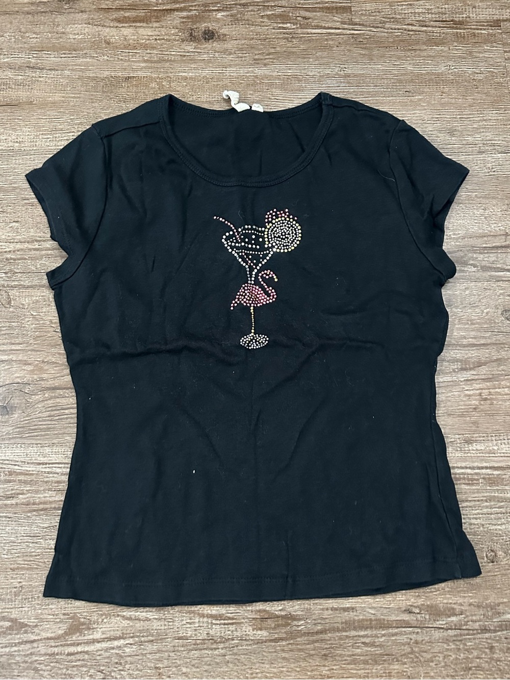 Susan Lawrence Black Short Sleeve Tee with Rhinestone Flamingo Cocktail